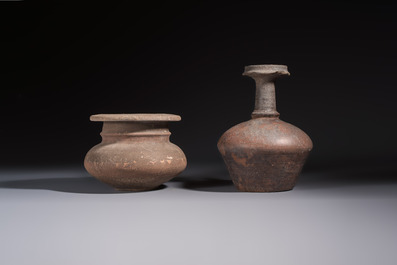 Five various pottery wares and a carved stone fragment, South Asia and Southeast Asia, 18th C. and earlier