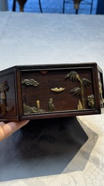 A Chinese soapstone-embellished hongmu 'Antiquities' box and cover, 19th C.