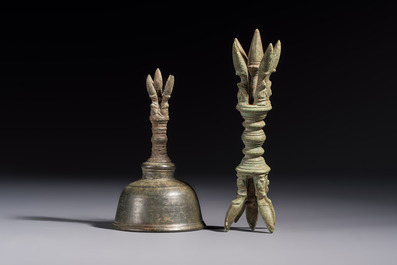 Two Cambodian bronze bells, a vajra bell and a vajra, 11/13th C.