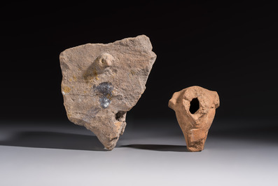 Five various pottery wares and a carved stone fragment, South Asia and Southeast Asia, 18th C. and earlier