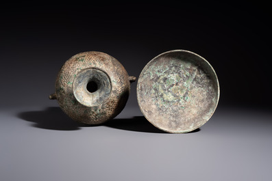 A Chinese archaic bronze food vessel and cover with 'Leiwen' and bosses design, 'Dou 豆', Eastern Zhou