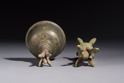 Two Cambodian bronze bells, a vajra bell and a vajra, 11/13th C.