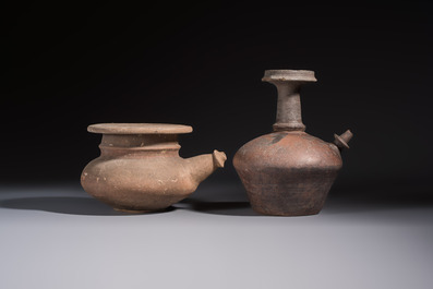Five various pottery wares and a carved stone fragment, South Asia and Southeast Asia, 18th C. and earlier