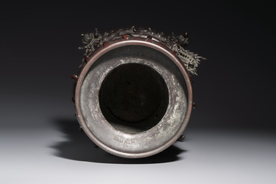 A Japanese bronze vase carried by a dragon, Meiji, 19th C.