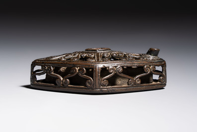 A Chinese openworked double-walled lozenge-shaped bronze water dropper, Ming