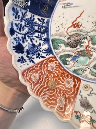 A pair of Chinese famille verte 'Sea Creatures' lobed plates, Kangxi