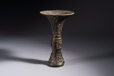 A Chinese archaistic bronze vase with Chilong design, 'Gu 觚', Ming