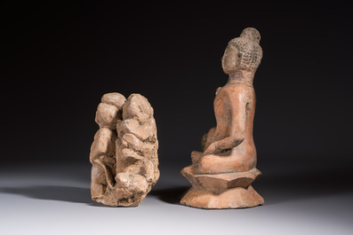 Five various pottery wares and a carved stone fragment, South Asia and Southeast Asia, 18th C. and earlier