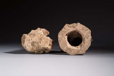 Five various pottery wares and a carved stone fragment, South Asia and Southeast Asia, 18th C. and earlier