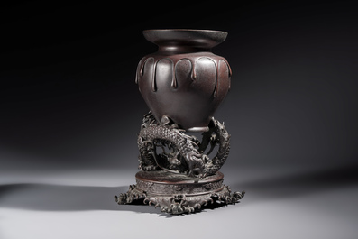 A Japanese bronze vase carried by a dragon, Meiji, 19th C.