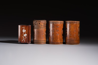 A group of 11 Chinese carved bamboo and wooden works, 19/20th C.