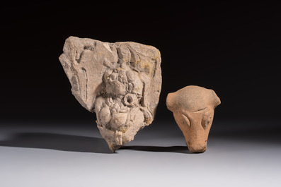 Five various pottery wares and a carved stone fragment, South Asia and Southeast Asia, 18th C. and earlier