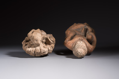 Five various pottery wares and a carved stone fragment, South Asia and Southeast Asia, 18th C. and earlier