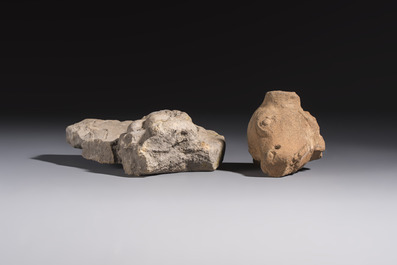 Five various pottery wares and a carved stone fragment, South Asia and Southeast Asia, 18th C. and earlier