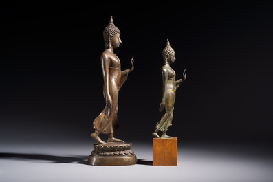 Two bronze Sukhothai-style walking Buddhas, Thailand, 20th C. or earlier