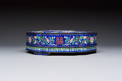 A fine Chinese Canton enamel blue-ground 'Double Happiness 囍' box and cover, Qianlong