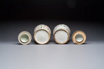 A pair of Chinese famille rose 'Antiquities' covered vases and a dish, 19th C.