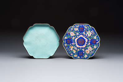 A fine Chinese Canton enamel blue-ground 'Double Happiness 囍' box and cover, Qianlong