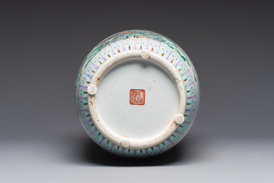 A Chinese famille rose 'Birds among Flowering Branches' rouleau vase, Qianlong mark, Republic