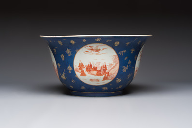 A large Chinese iron-red and gilt-decorated powder-blue-ground bowl with narrative design, 19th C.