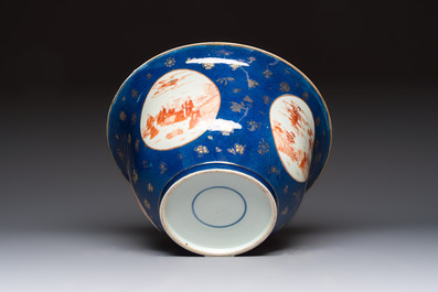 A large Chinese iron-red and gilt-decorated powder-blue-ground bowl with narrative design, 19th C.