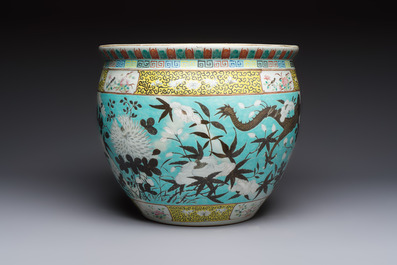 A Chinese famille rose turquoise-ground Dayazhai-style 'Dragons' fish bowl or jardini&egrave;re, 19th C.