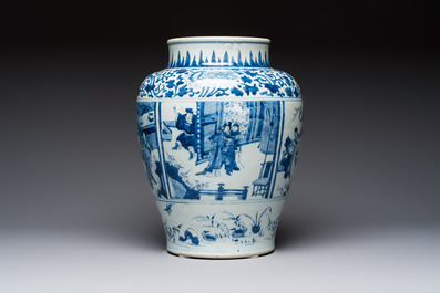 A Chinese blue and white vase with narrative design, Kangxi