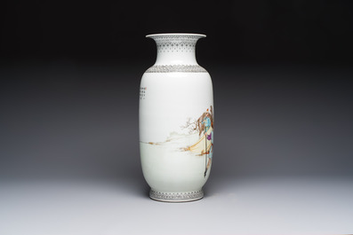A Chinese famille rose vase with figural design, Qianlong mark, 20th C.
