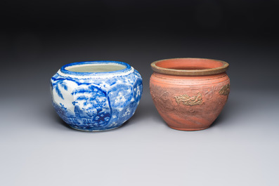 A Japanese blue and white jardini&egrave;re and a Tokoname stoneware jardini&egrave;re, 19/20th C.