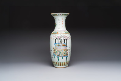 A Chinese famille rose 'Antiquities' vase, signed Zha Bing He Shi 查炳和氏, 19th C.