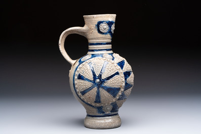 A Westerwald stoneware jug with moulded design, Germany, 17th C.