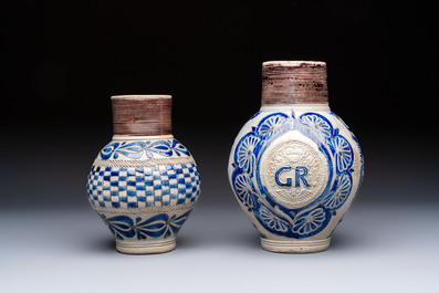 Two Westerwald stoneware jugs, one inscribed 'GR', Germany, 18th C.