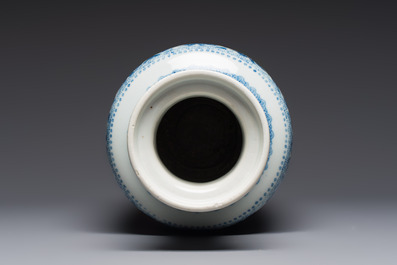 A Chinese blue and white rouleau vase with floral design, Kangxi