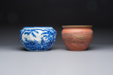A Japanese blue and white jardini&egrave;re and a Tokoname stoneware jardini&egrave;re, 19/20th C.