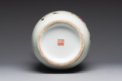 A Chinese famille rose vase with figural design, Qianlong mark, 20th C.