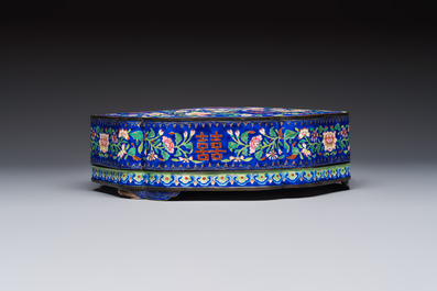 A fine Chinese Canton enamel blue-ground 'Double Happiness 囍' box and cover, Qianlong