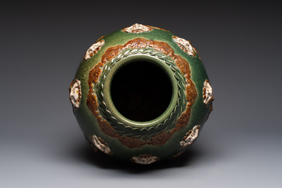 A Chinese sancai-glazed martaban with relief design, 19th C.
