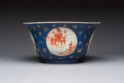 A large Chinese iron-red and gilt-decorated powder-blue-ground bowl with narrative design, 19th C.