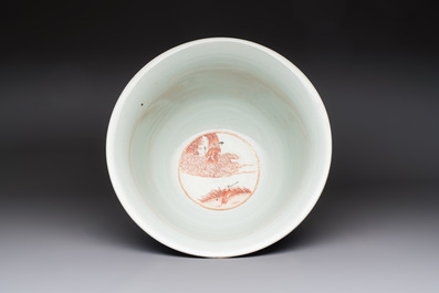 A large Chinese iron-red and gilt-decorated powder-blue-ground bowl with narrative design, 19th C.