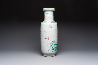 A Chinese famille rose 'Birds among Flowering Branches' rouleau vase, Qianlong mark, Republic