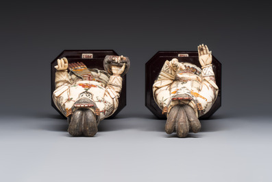 A pair of Chinese polychromed carved bone figures of divinities, 20th C.