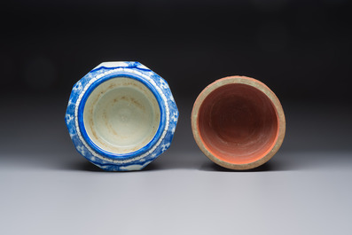 A Japanese blue and white jardini&egrave;re and a Tokoname stoneware jardini&egrave;re, 19/20th C.