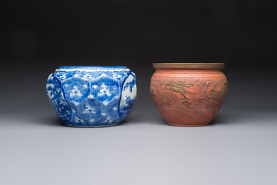 A Japanese blue and white jardini&egrave;re and a Tokoname stoneware jardini&egrave;re, 19/20th C.