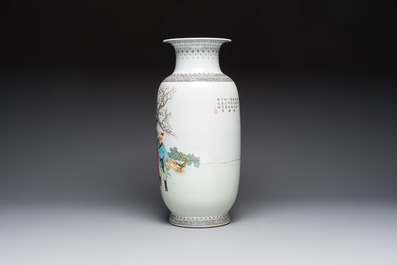 A Chinese famille rose vase with figural design, Qianlong mark, 20th C.