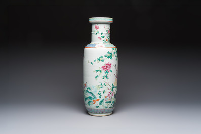 A Chinese famille rose 'Birds among Flowering Branches' rouleau vase, Qianlong mark, Republic
