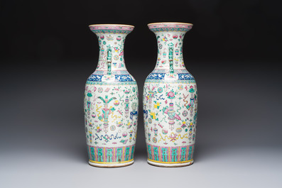 A pair of Chinese famille rose 'Antiquities' vases, 19th C.