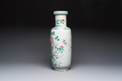 A Chinese famille rose 'Birds among Flowering Branches' rouleau vase, Qianlong mark, Republic