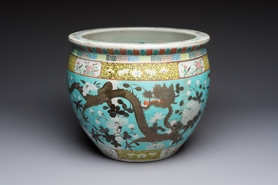 A Chinese famille rose turquoise-ground Dayazhai-style 'Dragons' fish bowl or jardini&egrave;re, 19th C.