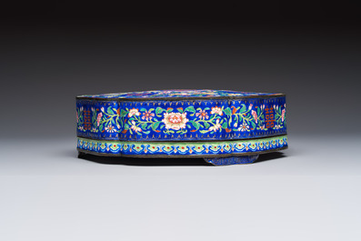 A fine Chinese Canton enamel blue-ground 'Double Happiness 囍' box and cover, Qianlong