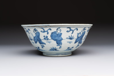 A Chinese blue and white 'Eight Immortals' bowl on a wooden stand, Chenghua mark, late Ming